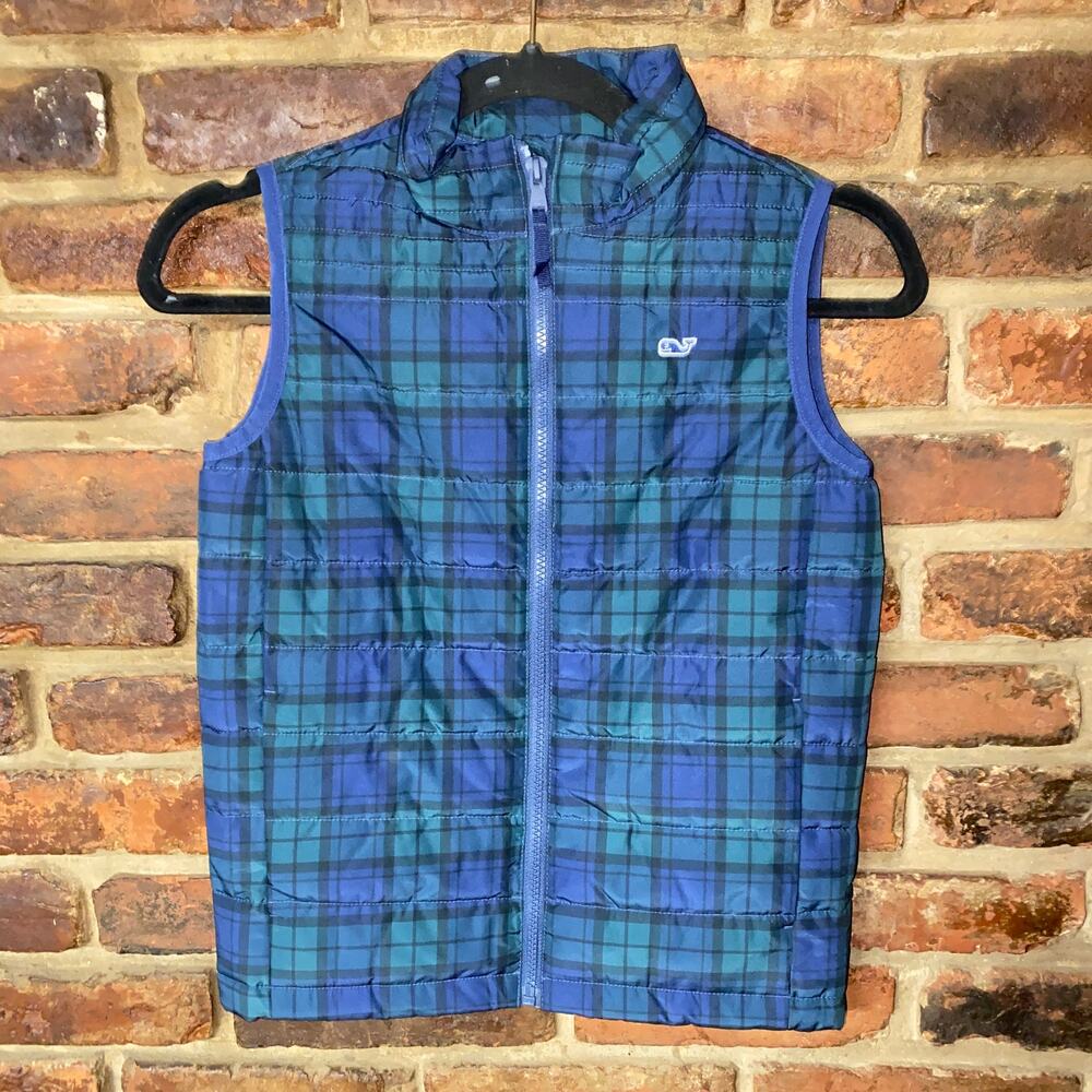 Vineyard Vines Girls Blue Green Plaid Quilted Puffer Vest Youth Size Small